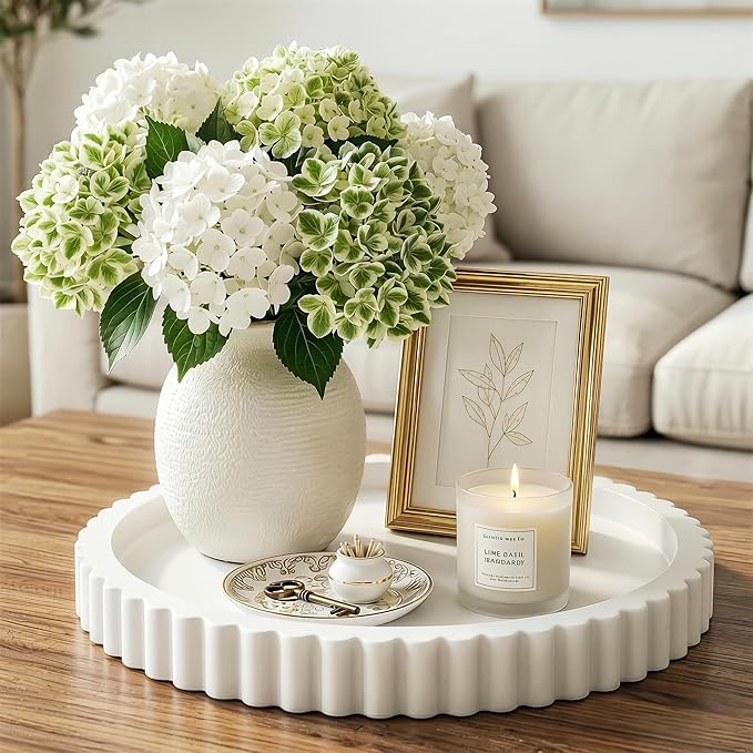 Decorative Tray for Coffee Table, 11.4" Modern Minimalist Wooden Round Decor Tray for Kitchen, Living Room, Home Decor, Tv Stand, Bathroom Sink, Entryway, White Color
