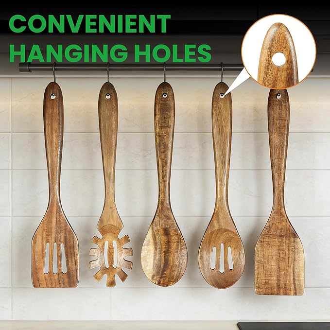 Solidith Acacia Wooden Spoons for Cooking, 5-Piece Wooden Kitchen Utensil Set with Spatula, Slotted Spoon & Pasta Fork, Non-Stick Safe Cooking Utensils, Durable Natural Wood Kitchen Tools Gift Set