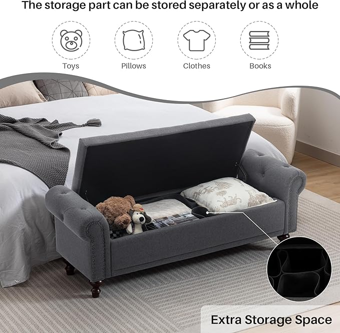 SOFTHION 58.1" Storage Bench Upholstered Linen End of Bedroom Bed Bench Ottoman with Tufted Cushioned Rolled Arm Large Storage Space for Reading Living Room Entryway, Grey