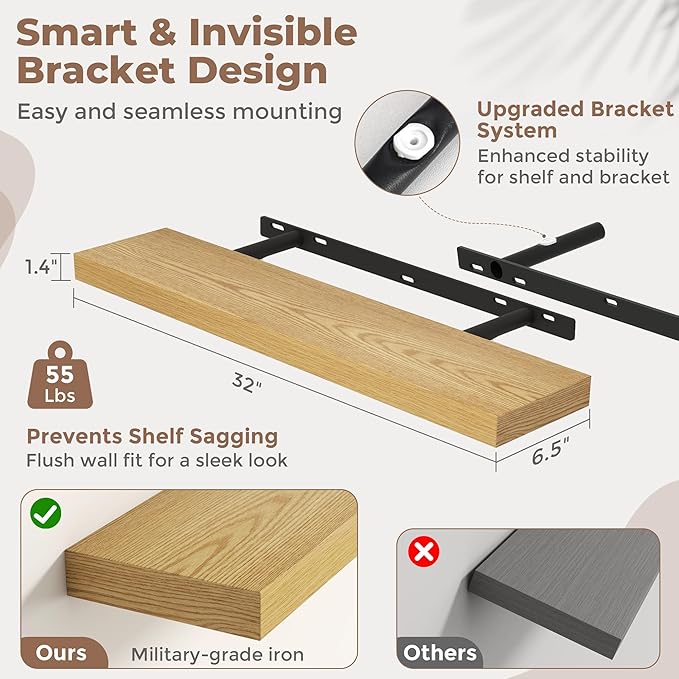 Venusmiles Floating Shelves for Wall, 32 Inch Floating Shelves Set of 2, 6.5" D Wooden Wall Mounted Display Shelves with Invisible Brackets for Living Room, Bedroom, Bathroom, Kitchen Decor, Oak