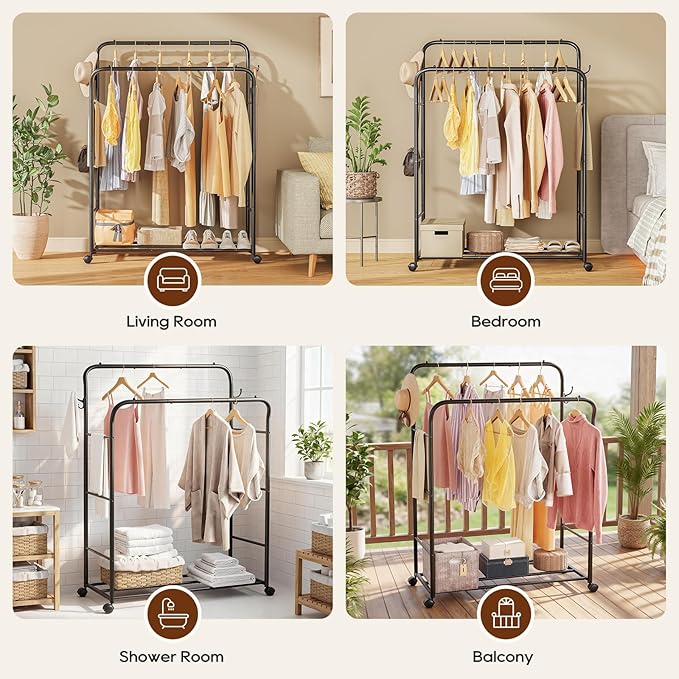 TigerParty Double Rods Clothes Rack for Hanging Clothes, Rolling Clothing Rack with Wheels, 6 Side Bars Freestanding Garment Racks for Bedroom Laundry Living Room