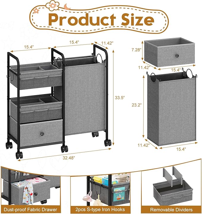 Cidaziya 2In1 Baby Diaper Caddy Organizer with Laundry Hamper, 3 Tier Rolling Cart with Dividers and Drawers, Upgrade Diaper Cart Utility Cart Clothes Organizer for Baby Essentials, New Mom, Nursery