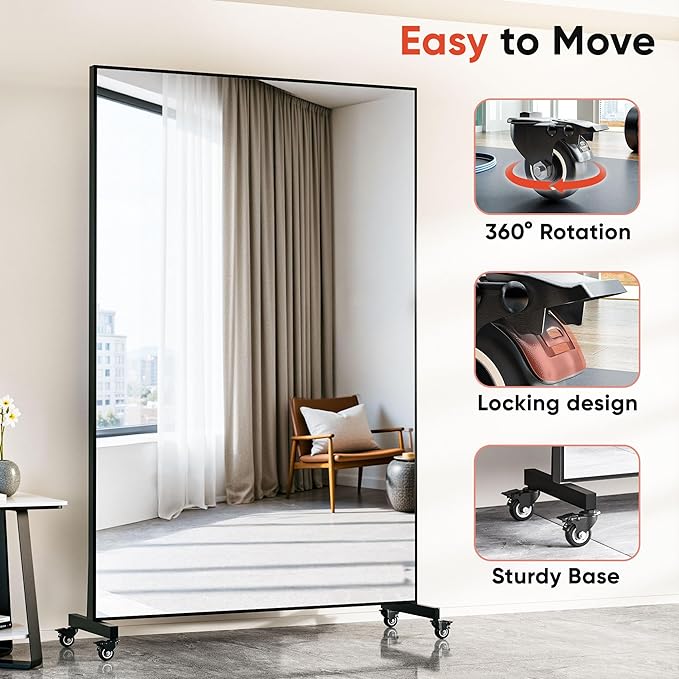 Suidia 72"x40" Extra Large Full Length Mirror on Wheels, 360° Swivel Rolling Mirror Floor, HD Tempered Glass Full Body Standing Mirrors for Home Gym, Yoga, Dance Studio, Bedroom, Rectangular, Black