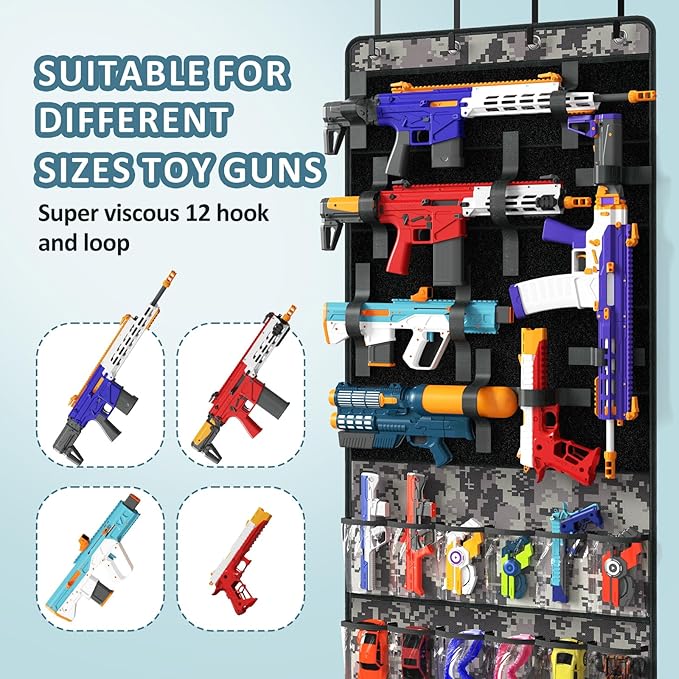 Over The Door Organizer for Toy Guns, Toys Organizer with Pockets, Hook&Loop Straps for Foam Blasters, Darts, Goggles, Hanging Toys Gun Storage for Kid Rooms, Play rooms, Grey Camouflage