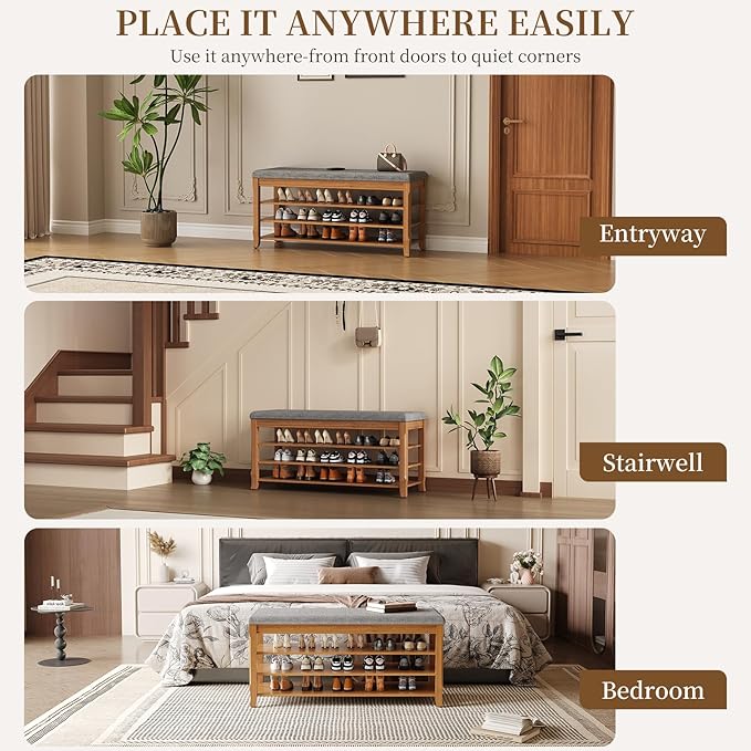 Solid Wood Shoe Bench with Storage, Flip-Top Soft-Close Lid, Adjustable Shelves, Cushioned Entryway Shoe Rack Organizer, 31.5”