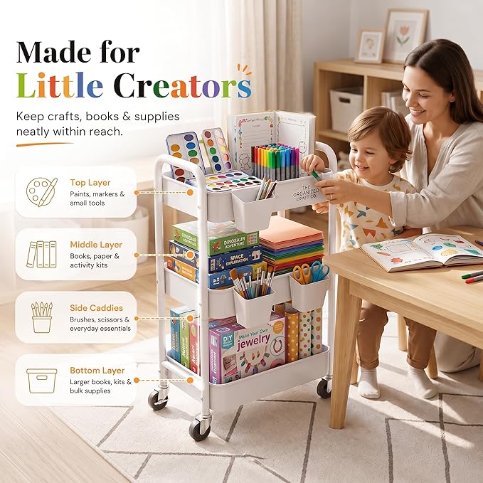 3 Tier Rolling Cart Metal with Wheels, White Three Tiered Craft Cart Organizer on Wheels, Storage Utility Carts for Art, Baby Nursery,Diaper Caddy, Cleaning Supplies, Nail,Lash,Snack,Book,Roller Shelf