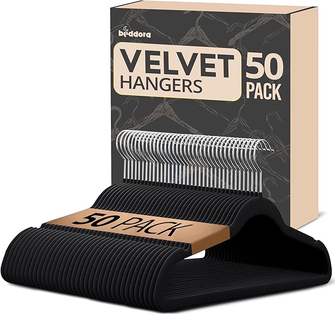 Beddora Velvet Hangers 50-Pack,Black Non-Slip Slim Space-Saving Closet Organizer, Suit & Coat Hangers, Heavy-Duty, 360° Swivel Hook