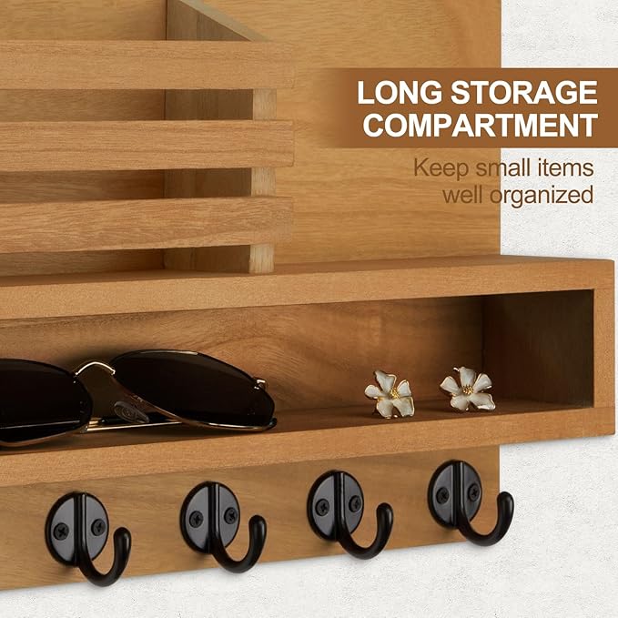 Key and Mail Holder Wall Mount, Key Hanger with Long Storage Box and Key Hooks for Coat, Dog Leash, Home Decor Rack, House Accessories, Entry Way Organizer