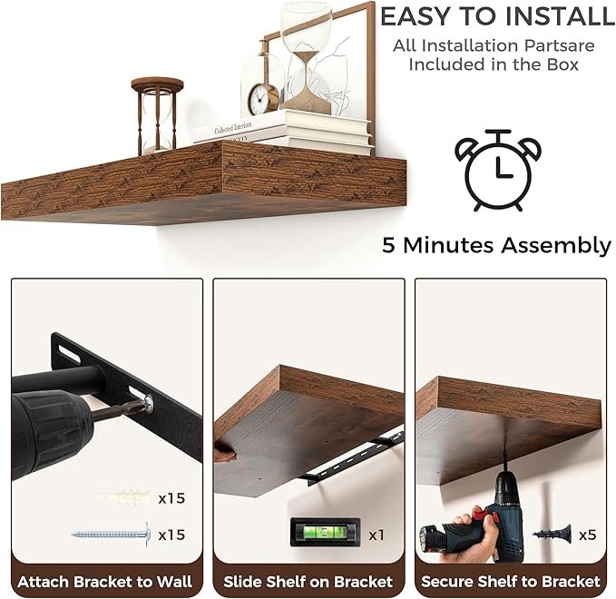 Venusmiles Floating Shelves for Wall, 24 Inch Floating Shelves Set of 2, 6.5" D Wooden Wall Mounted Display Shelves with Invisible Brackets for Living Room, Bedroom, Bathroom, Kitchen Decor, Brown