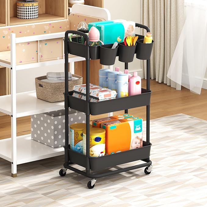 3-Tier Baby Diaper Caddy Organizer Cart with Locking Wheels & Hanging Cups - Rolling Storage Cart for Nursery, Changing Table, Baby Essentials, Black