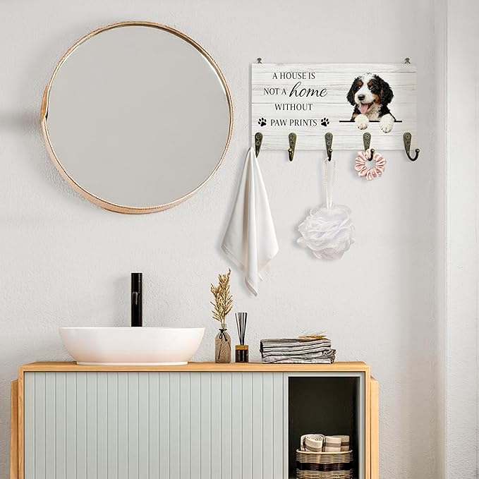 Bernedoodle Gifts Dog Key Holder for Wall 10"x5.12", Gifts for Bernedoodle Lovers Owners Key Hanger Wall Mount, Not A Home Without Paw Prints Dog Wooden Hanging Keys Holder Decor for Entryway