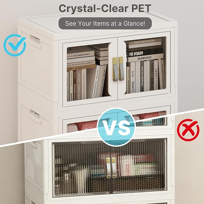 UAMFURI Stackable Storage Bins with Lids, Clear Doors, Large Storage Cabinet Foldable Collapsible Closet Organizers for Bedroom Dorm Office (1, White, 160, Quarts)