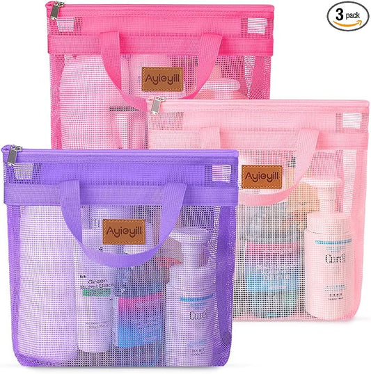 3 Pcs Portable Mesh Shower Caddy Tote, Quick Dry Tote Bag Mesh Beach Bags for Women, Hanging Toiletry and Bath Organizer for Travel Swimming Sports Gym Camp Shopping College Dorms (Pink Purple Rose)