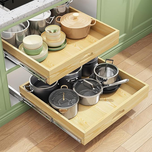 2Pack Pull Out Cabinet Organizer, Soft Close Wooden Slide Out Drawers for Pots, Full-extension Roll Out Shelves for Kitchen Cabinets, Pantry Organization, Bottom and Side Mount( 21"W X 21"D x 3.4''H)