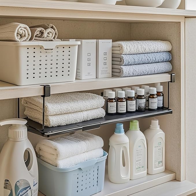 Expandable Hanging Under Shelf Storage Basket,Under Shelf Storage Basket Organizer,Under-Shelf Hanging Baskets for Cabinet,Pantry, Desk Organization,7.87" D x 14.96"-27.56W x 5.12" H,Black