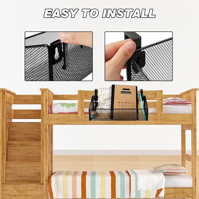 Zubebe 2 Pcs Bedside Caddy Shelf for Bunk Bed Hanging Storage Basket with 10 Pairs Hooks Black Metal Organizer for Office Cubical Walls College Dorm Hospital Bed,Book,Phones,Drinks,Plant
