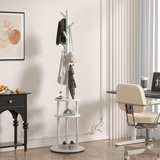 VECELO Coat Rack Freestanding, Entryway Hanger Stand, Umbrella Holder, Hall Tree With Hooks, Floor Standing Metal Tree Stand,White