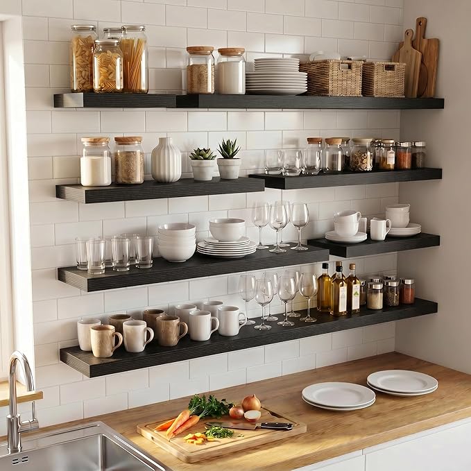 Venusmiles Floating Shelves for Wall, 32 Inch Floating Shelves Set of 2, 6.5" D Wooden Wall Mounted Display Shelves with Invisible Brackets for Living Room, Bedroom, Bathroom, Kitchen Decor, Black