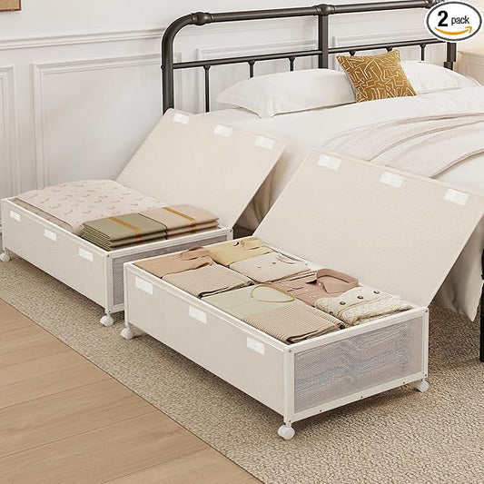 2 Pack Under the Bed Storage Containers,10 inch Height Under Bed Shoe Storage,31inch Long Underbed Storage with Wheels,Large Rolling under bed Clothes Storage Drawers with Lid for Dorm Tall ,Ivory