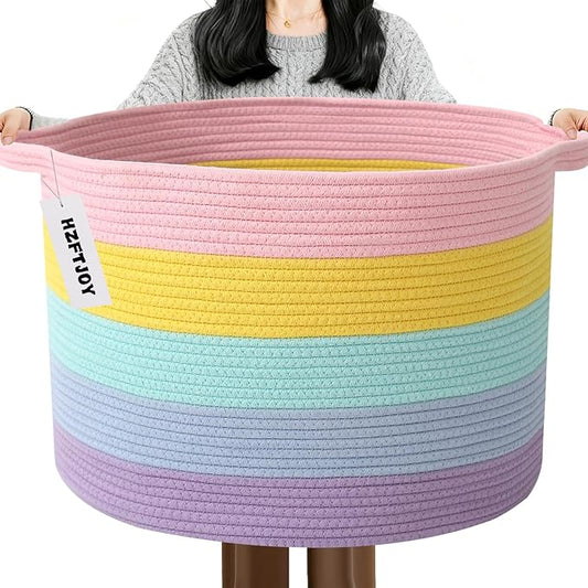 65L Large Blanket Basket,Woven Rope Laundry Basket Hamper with Handles,Decorative Nursery Basket Storage Bin for Toys, Pillows , Clothes Organizer, Living Room, Bedroom, Bathroom, Colorful