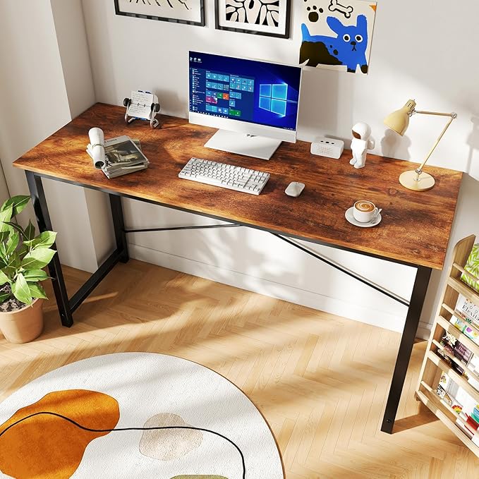 DUMOS 55 Inch Computer Office Desk Writing Gaming Study Work Large Desks for Bedroom Home Office with Metal Frame Simple Modern PC Table Workstation, Wood Brown