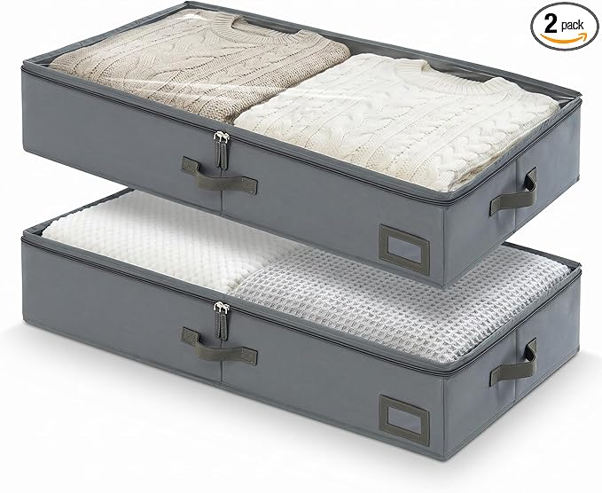 6-Inch Under Bed Storage Containers (2-Pack) | Sturdy Sidewalls | Clear Cover & Label Holder | Foldable Fabric Closet Bin Organizer | Stores Clothing/Blankets/Sweaters/Sheets