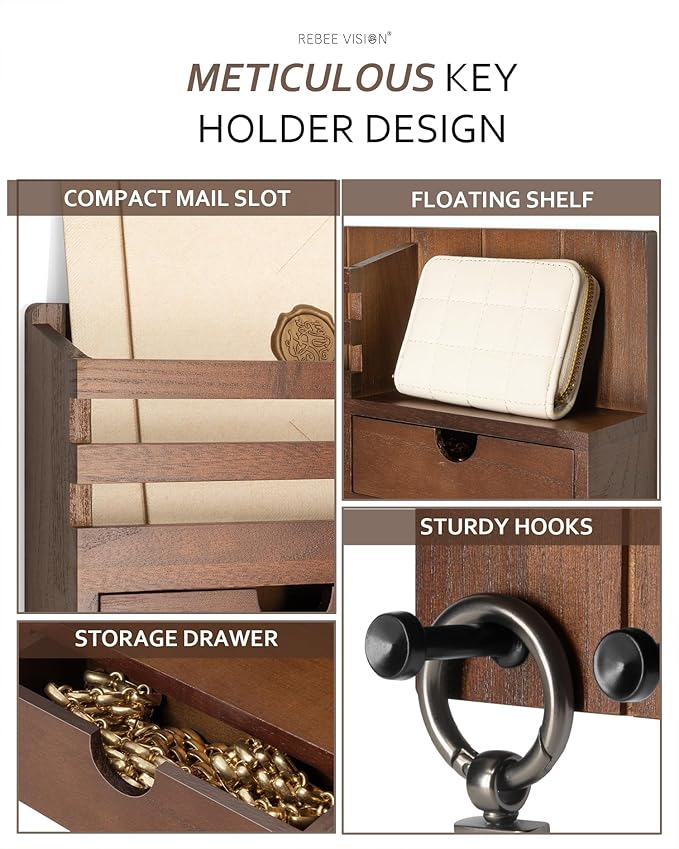 Rebee Vision Farmhouse Key Holder Wall Mount with 2 Drawer Organizer - Decorative Mail Organizer for wall with 6 Key Hooks - Ideal Apartment Essentials for Room Decor Aesthetic (Rustic Brown)