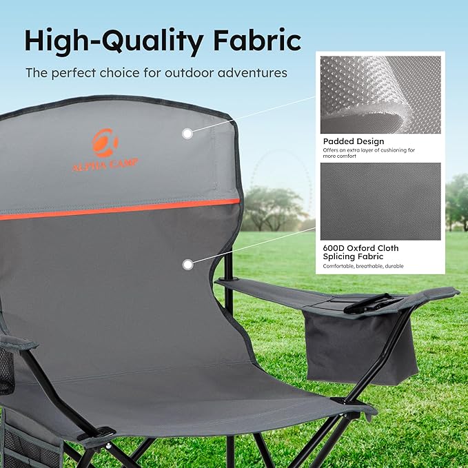 ALPHA CAMP Camping Chairs 350LBS Capacity, Heavy Duty Folding Chair with 4-Can Cooler Bag, Portable Outdoor Chair with Cup Holder for Adults, Collapsible for Tailgating, Beach, Fishing