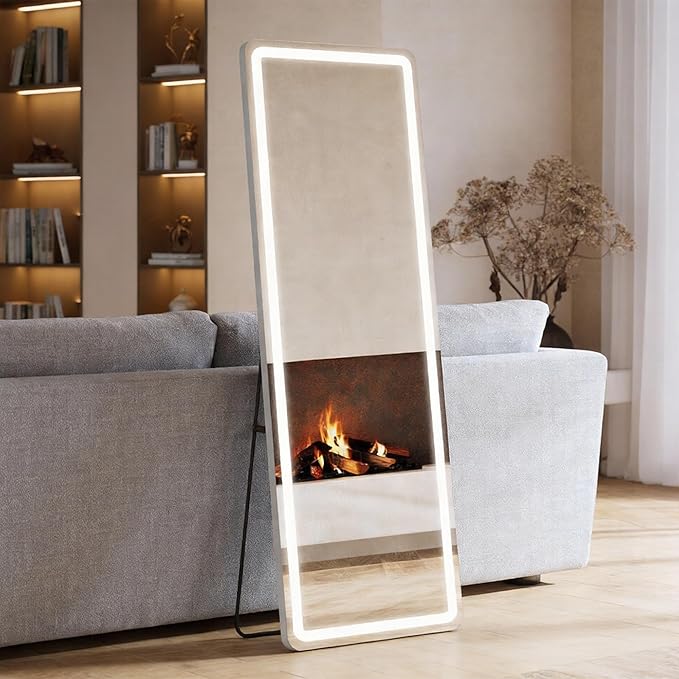 NEWBULIG 64"x21" Full Length Mirror with Light, 3 Color Lighting Full Body Floor Mirror with Aluminum Alloy Thin Frame, Wall or Standing Mirror for Bedroom, Living Room, Dressing Room, White