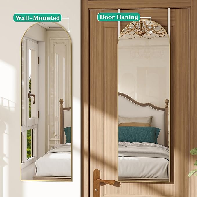 Over the Door Mirror Full Length,48"x14"Door Hanging Mirror Full Length Arch Mirror,Behind the Door Wall Mirror,Back of Door Mirrors for Closet Bedroom Living Room (Gold)