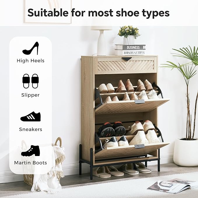 Shoe Cabinet Storage with 2 Flip Drawers, Narrow Hidden Shoes Cabinet Organizer for Entryway, Freestanding Slim Shoe Rack Front Door Entrance(Oak)