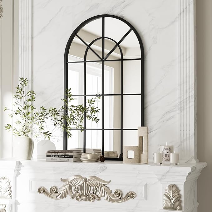 Dewfig Arch Wall Mirror Mounted Decorative, 30"x20", Arched Window Pane Mirror for Wall-Mounted for Entryway, Bathroom Vanity, Living Room or Bedroom, Iron Frame, Black