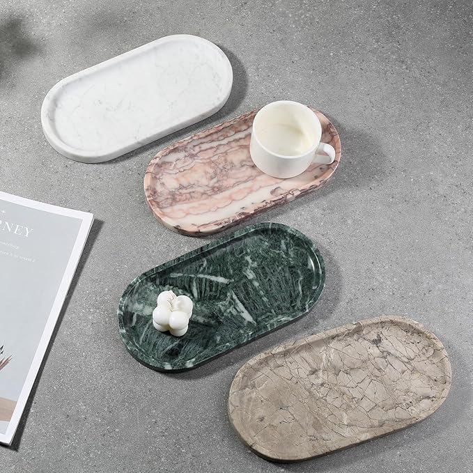 Koville Natural Silver Pearl Marble Decorative Tray, 10" x 5" Marble Vanity Tray for Bathroom Countertop Organizer Stone Trays, Catchall Tray Stone Plate for Perfume, Candles, Jewelry