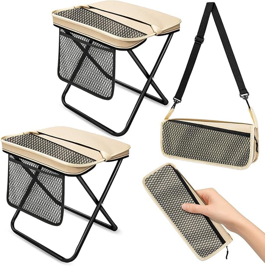 2 Pack Portable Folding Stools, Collapsible Pocket Chair, Foldable Camping Stool for Adults Backpack, Outdoor Seats Foot Rest, for Travel Hunting Fishing Hiking Gardening - Large, Khaki