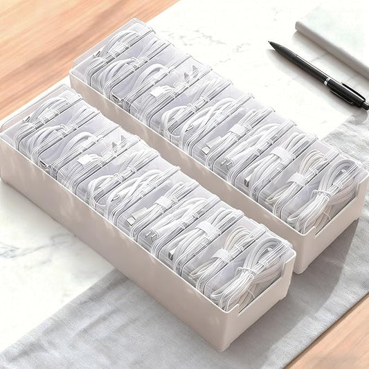 2 Pcs 11 Box Cable Organizer Storage Box, Desktop Cable Management with Switch, Power Cord Organizer for Office,Home,Desk Accessories Storage Stationery Supplies and Accessories（Clear）