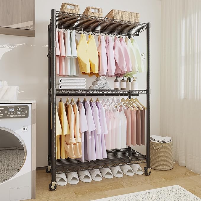3-Tier Rolling Metal Garment Rack with Adjustable Shelves and Dual Hanging Rods, Heavy Duty Freestanding Clothing Organizer with Wheels for Bedroom, Closet, Dorm, or Laundry Room