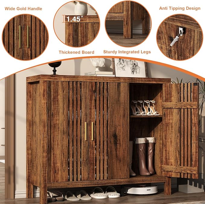 UNIQUITE Wooden Shoes Cabinet with 3 Doors and Adjustable Shelves, Retro Freestanding Shoe Organizer Cabinet for Entryway Hallway Living Room, 5-Tier Shoe Cabinet for 30 Pairs, Dark Walnut