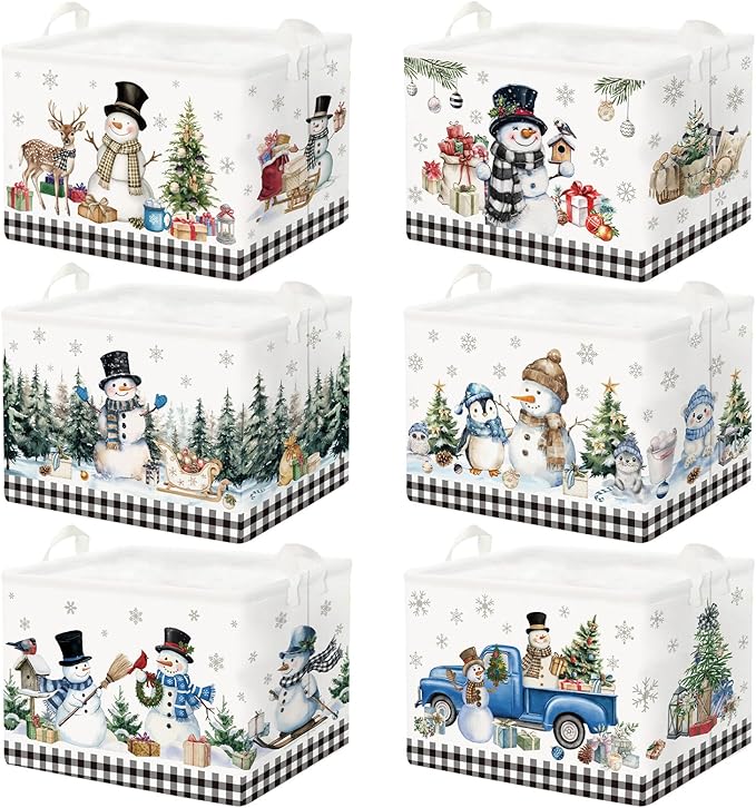 CHENGU 6 Pack Winter Storage Basket Collapsible Winter Basket for Gifts Buffalo Plaid Holiday Decor Large Snowman Bin Foldable Tree Box with Handle for Bedroom Office Home