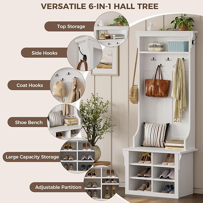 IRONCK Hall Tree with Bench and Shoe Storage, 6-in-1 Entryway Bench with Coat Rack, Adjustable Shelf, Hanging Hooks, 6 Shoe Cubbies, 2-Tier Top Storage, for Entryway, Bedroom, Living Room, White