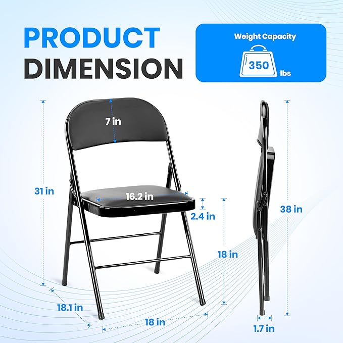Simple Deluxe 4 Pack Folding Chairs with Leather Padded Cushion Seats & Durable Metal Frame, Comfortable, Foldable, Portable, Commercial Event Seat, Indoor Outdoor for Parties, Home, Office, Black