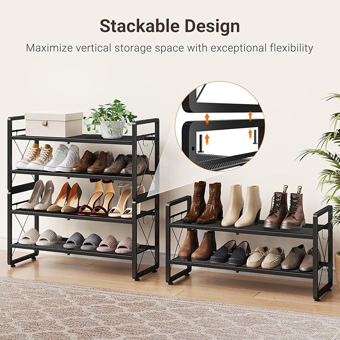 ELYKEN Shoe Rack, 4-Tier Expandable Shoe Organizer for Entryway, Metal Black Shoe Shelf with 8 Hooks, Adjustable Shoe Stand Holder for Closet, Garage, Door Entrance