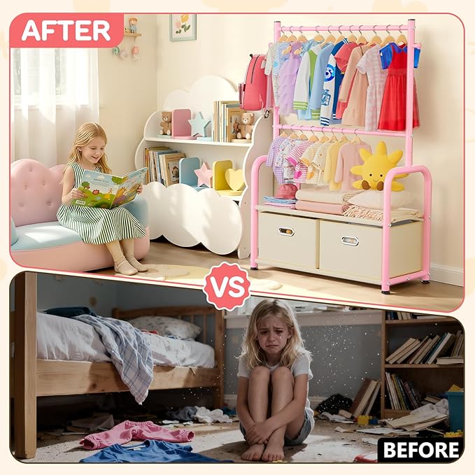 Kids Dress Up Rack Small Baby Closet Organizer for Hanging Clothes Kids Clothes Rack with 2 Tier Storage Racks and 2 Adjustable Hanging Poles (Upgrad, Pink)