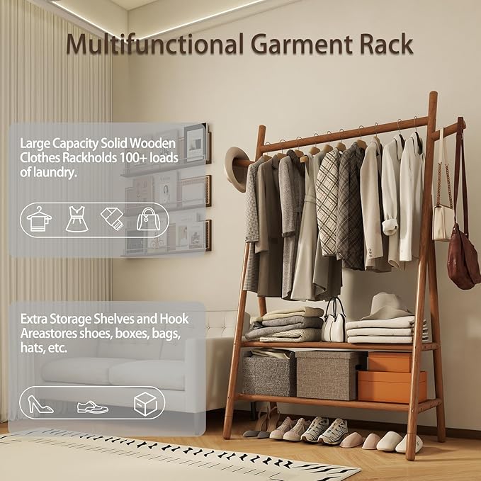 Solid Wood Clothes Rack with 2 Shelves & Hooks, Freestanding Garment Rack & Coat Rack Load 350 Lbs for Hanging Clothes & Organizer, Simple and Practical for Entryway Bedroom Living Room (31.5"W)