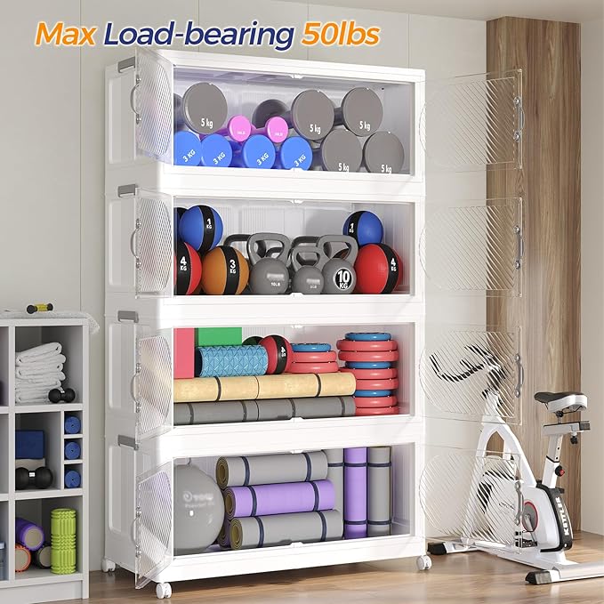 640QT Extra Large Stackable Storage Bins with Lid & Wheels & Doors, 160Gal Foldable Collapsible Closet Organizers, Plastic Cabinet Box Container Drawer for Home Kitchen Bedroom, 4Pack White