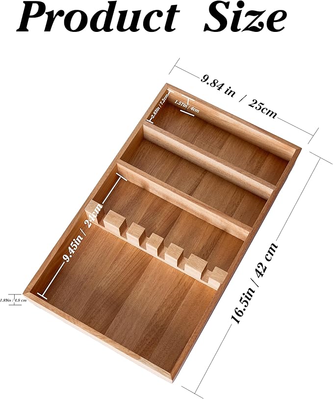 Wooden Silverware Drawer Organizer with Waterproof Oxford Bag, Kitchen Flatware Organizer, Utensil Tray with Fixed Slots for Spoons, Forks, Knives, 16.5 x 9.84 x 1.89 inches