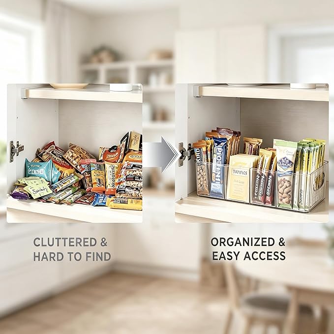 Clear Plastic Storage Bins with Removable Dividers – Pantry Snack Organizer, Kitchen Pantry Organizers and Storage, Snack Drawer Organizer, Fridge Organizer (2 Pack)