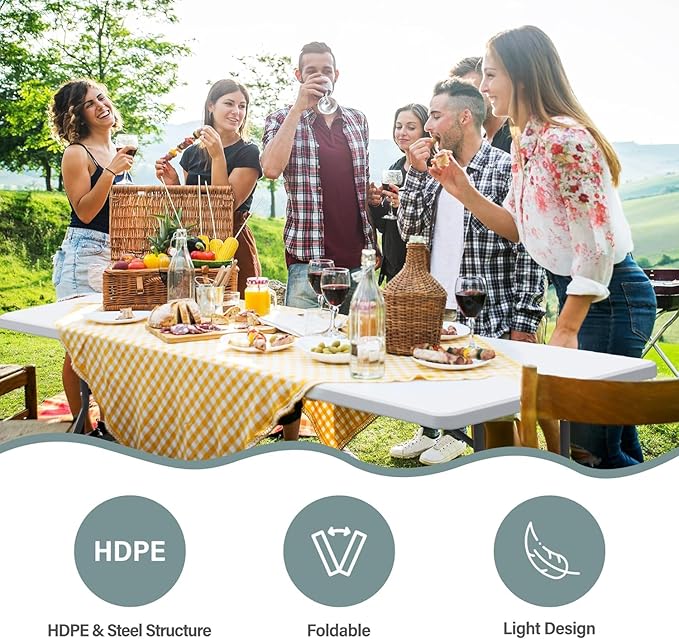 ZENY 6ft Folding Table, Portable Picnic Table, Plastic Table for Indoor Outdoor Picnic, Party, Camping, Heavy Duty Fold-up Table with Handle, White