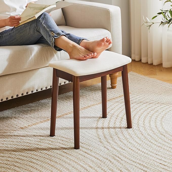 IBUYKE Vanity Stool with Saddle Cushion,Modern Foot Stool Ottoman Piano Bench,Foot Rest Stool with Solid Wood Legs, Small Upholstered Bench for Bedroom, Entryway,Beige,WBD007HM