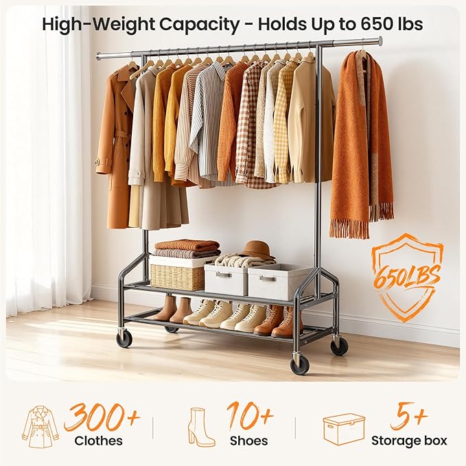 Heavy Duty Clothes Rack, Rolling Clothing Rack Load 650 LBS for Hanging Clothes with 2 Sturdy Shelves, Metal Garment Rack with Wheels for Bedroom, Laundry Room, Retail Store, Black