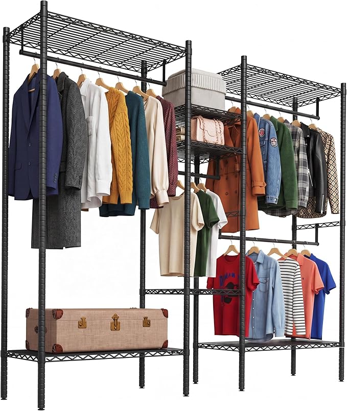 IDEALHOUSE Heavy Duty Clothes Rack for Hanging Clothes, Load 1000LBS Portable Closet Wardrobe with Shelves, Freestanding Adjustable Garment Rack for Bedroom, Walk-in Closet, 86.2"x 17.3"x 76.4", Black